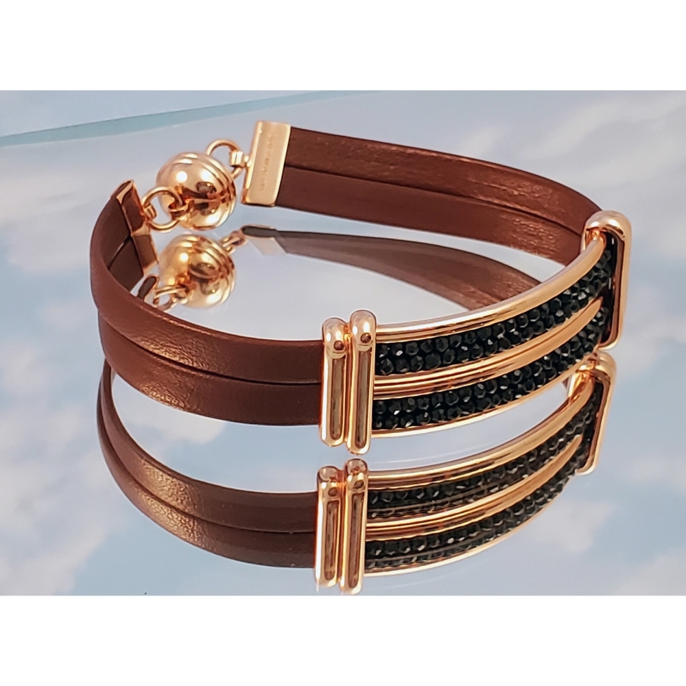 Milor Italy bronze and leather bracelet with black cut glass beads magnet clasp
